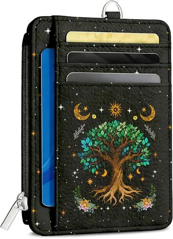 محفظة نحيفة من Tree of Life للنساء - حامل بطاقات الائتمان RFID، محفظة من جلد البولي يوريثان مع نافذة لبطاقة الهوية وجيب للعملات المعدنية بسحاب، حافظة بطاقات رفيعة بجيب أمامي للسفر هدايا للسيدات in Kuwait