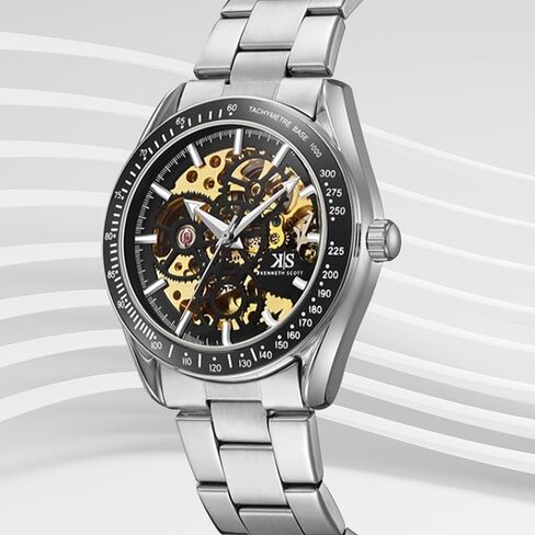 Kenneth Scott Men’s Mechanical Casual Watch | Black Dial, Silver Case & Strap, 43mm-K22312-SBSB in Saudi Arabia