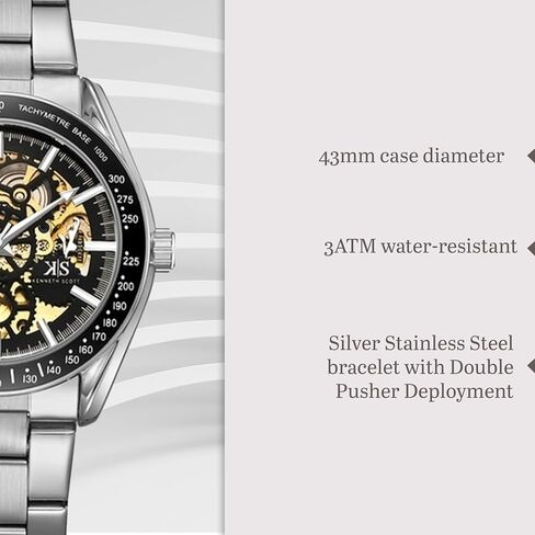 Kenneth Scott Men’s Mechanical Casual Watch | Black Dial, Silver Case & Strap, 43mm-K22312-SBSB in Saudi Arabia