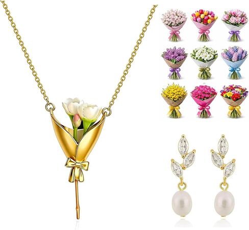 Flower Holder Bouquet Necklace Earrings for Women Teacher Appreciation Gifts Thank You Gifts for Teachers Creative Mini Wearable Floral Vase Necklaces Pendant Graduation Gift for Daughter Friend in Saudi Arabia