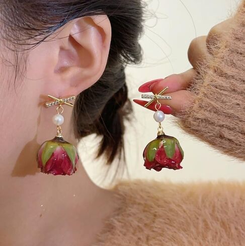 Natural Rose Flower Necklace Earrings Set for Women Handcrafted Resin Casting Red Yellow Flower Necklace Unique Sparkle Rhinestone Bow Pearl Flower Dangle Drop Earrings Valentine's Day Jewelry Gifts in Kuwait