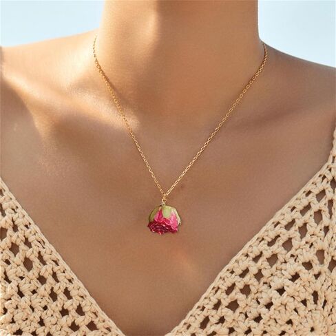 Natural Rose Flower Necklace Earrings Set for Women Handcrafted Resin Casting Red Yellow Flower Necklace Unique Sparkle Rhinestone Bow Pearl Flower Dangle Drop Earrings Valentine's Day Jewelry Gifts in Kuwait