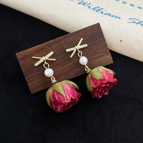 Natural Rose Flower Necklace Earrings Set for Women Handcrafted Resin Casting Red Yellow Flower Necklace Unique Sparkle Rhinestone Bow Pearl Flower Dangle Drop Earrings Valentine's Day Jewelry Gifts in Kuwait
