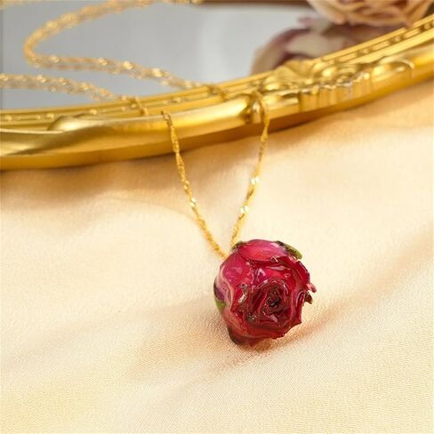 Natural Rose Flower Necklace Earrings Set for Women Handcrafted Resin Casting Red Yellow Flower Necklace Unique Sparkle Rhinestone Bow Pearl Flower Dangle Drop Earrings Valentine's Day Jewelry Gifts in Kuwait