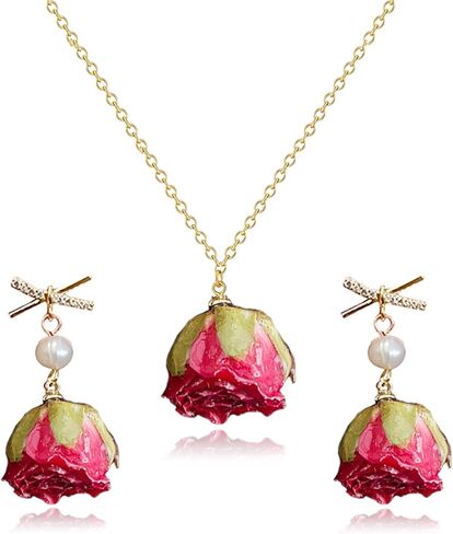 Natural Rose Flower Necklace Earrings Set for Women Handcrafted Resin Casting Red Yellow Flower Necklace Unique Sparkle Rhinestone Bow Pearl Flower Dangle Drop Earrings Valentine's Day Jewelry Gifts in Kuwait