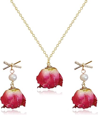 Natural Rose Flower Necklace Earrings Set for Women Handcrafted Resin Casting Red Yellow Flower Necklace Unique Sparkle Rhinestone Bow Pearl Flower Dangle Drop Earrings Valentine's Day Jewelry Gifts in Kuwait