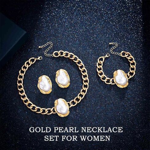 Gold Pearl Necklace and Earring Set Baroque Pearl Necklaces for Women Vintage Bracelet with Pearls for Wedding Bride in Kuwait
