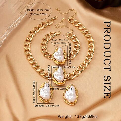 Gold Pearl Necklace and Earring Set Baroque Pearl Necklaces for Women Vintage Bracelet with Pearls for Wedding Bride in Kuwait