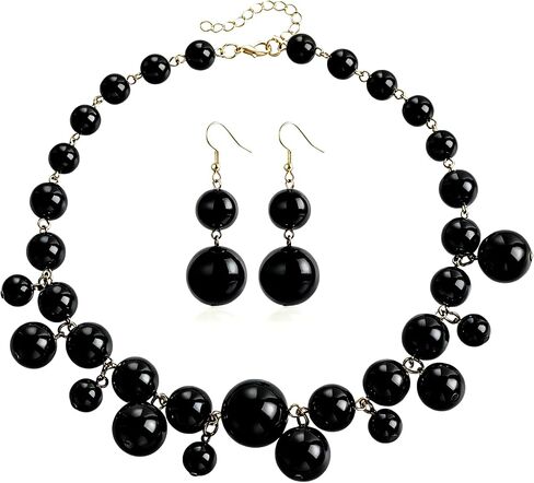 Chunky Acrylic Ball Bead Necklace Earring Set for Women, Bold Statement Bib Necklace Double Ball Drop Earrings, 80s 90s Retro Costume Jewelry for Party Prom in Kuwait