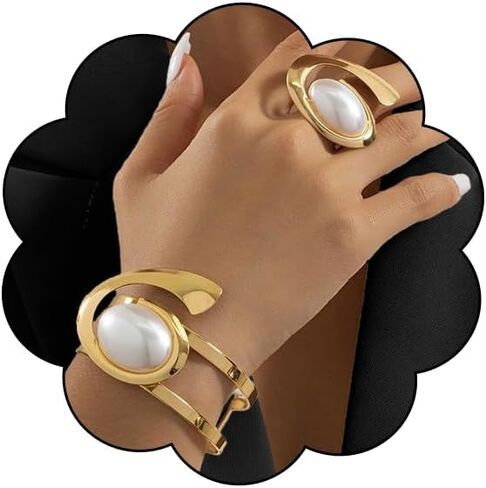 Vintage Gold Open Bracelet Ring Set for Women Trendy Oval Black Acrylic Bracelet Ring Set in Saudi Arabia