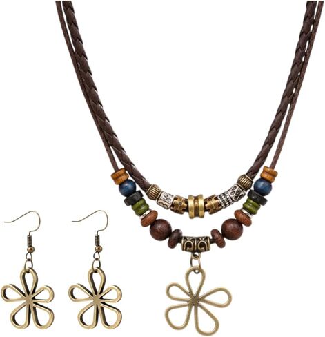Boho Necklace Hippie Necklace Bohemian Earrings Western Layered Wood Earthy Jewelry Set for Women Men with Hollow Flower Charm in Kuwait