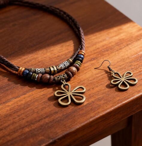 Boho Necklace Hippie Necklace Bohemian Earrings Western Layered Wood Earthy Jewelry Set for Women Men with Hollow Flower Charm in Kuwait