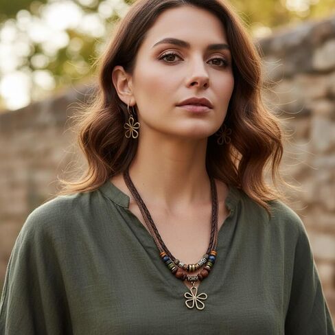 Boho Necklace Hippie Necklace Bohemian Earrings Western Layered Wood Earthy Jewelry Set for Women Men with Hollow Flower Charm in Kuwait