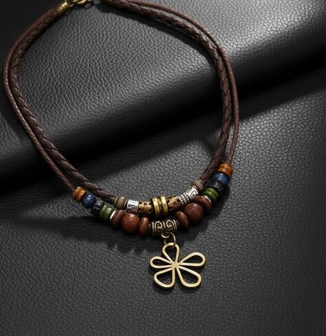Boho Necklace Hippie Necklace Bohemian Earrings Western Layered Wood Earthy Jewelry Set for Women Men with Hollow Flower Charm in Kuwait
