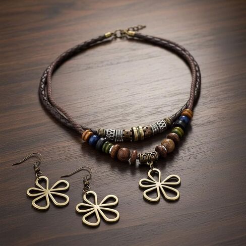 Boho Necklace Hippie Necklace Bohemian Earrings Western Layered Wood Earthy Jewelry Set for Women Men with Hollow Flower Charm in Kuwait