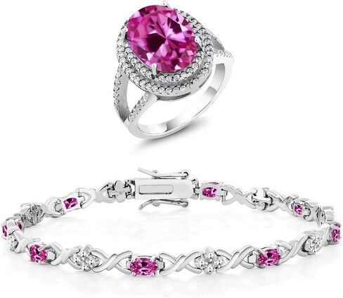 Gem Stone King Gemstone Birthstone Oval Halo Ring & Link Tennis Bracelet Set For Women | 925 Sterling Silver | Anniversary Promise Gifts for Mom Wife Her in Saudi Arabia