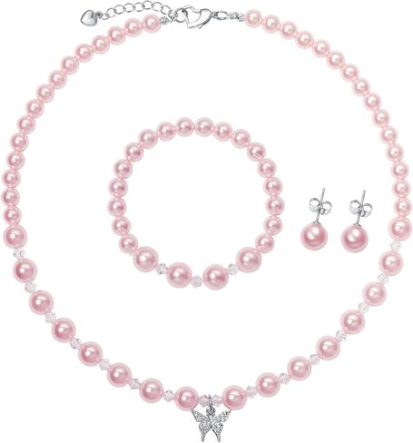 Simulated Pearl Necklace with a Butterfly Pendant, Bracelet & Earrings – 3-Piece Set for Women and Girls – Bridal Wedding Bridesmaid Prom Formal Gift in Saudi Arabia