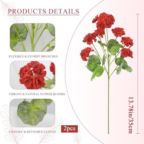 2 Pcs Artificial Geraniums for Outdoors 23'' Faux Flowers Red Silk Geraniums UV Resistant Realistic Fake Flowers for Window Box Outside Planter Porch Patio Garden Table Centerpieces Home in Kuwait
