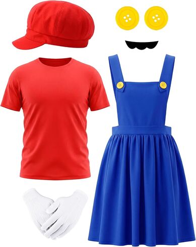 Adults Halloween Costume Women Super Costume Includes Red Hat Mustache Dress Halloween Cosplay Outfit Gloves in Kuwait