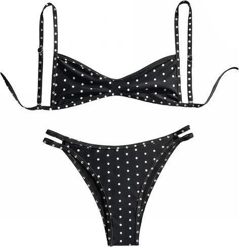 RoseSeek Women's 2 Piece Swimsuits Polka Dots Spaghetti Strap Bikini Set High Cut Bathing Suits Beachwear in Kuwait