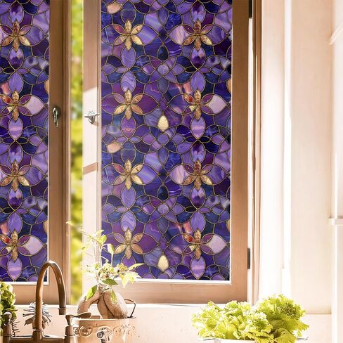Purple Golden Yellow Flower Vintage Stained Glass Window Films Decorative Double-Side Privacy Film Self-Adhesive Static Glass Clings for Living Room Bathroom Decor in Saudi Arabia
