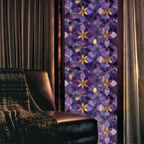 Purple Golden Yellow Flower Vintage Stained Glass Window Films Decorative Double-Side Privacy Film Self-Adhesive Static Glass Clings for Living Room Bathroom Decor in Saudi Arabia