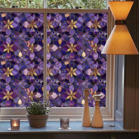 Purple Golden Yellow Flower Vintage Stained Glass Window Films Decorative Double-Side Privacy Film Self-Adhesive Static Glass Clings for Living Room Bathroom Decor in Saudi Arabia