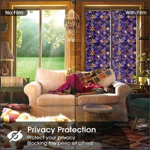 Purple Golden Yellow Flower Vintage Stained Glass Window Films Decorative Double-Side Privacy Film Self-Adhesive Static Glass Clings for Living Room Bathroom Decor in Saudi Arabia