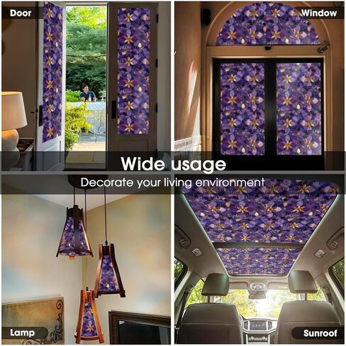 Purple Golden Yellow Flower Vintage Stained Glass Window Films Decorative Double-Side Privacy Film Self-Adhesive Static Glass Clings for Living Room Bathroom Decor in Saudi Arabia
