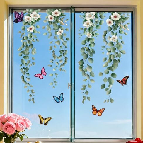 1Set Waterproof PVC Window Film Static Stickers, Hanging Green Vines Pattern Window Decals, Removable Colorful Butterflies Pattern Wall Decal Decor for Home Office Party Supplies, 11.81x47.24inch in Kuwait