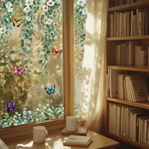 1Set Waterproof PVC Window Film Static Stickers, Hanging Green Vines Pattern Window Decals, Removable Colorful Butterflies Pattern Wall Decal Decor for Home Office Party Supplies, 11.81x47.24inch in Kuwait
