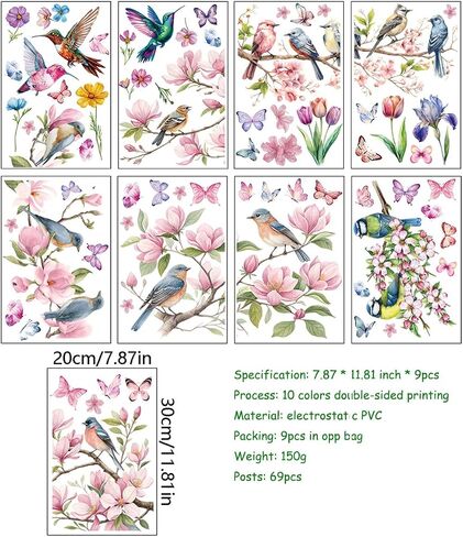 Spring & Summer Window Cling Decals 69PCS of Butterfly, Tree Branch Hummingbird, and Magnolia Anti-Collision Window Stickers for Glass and Home Decor Delight in Kuwait