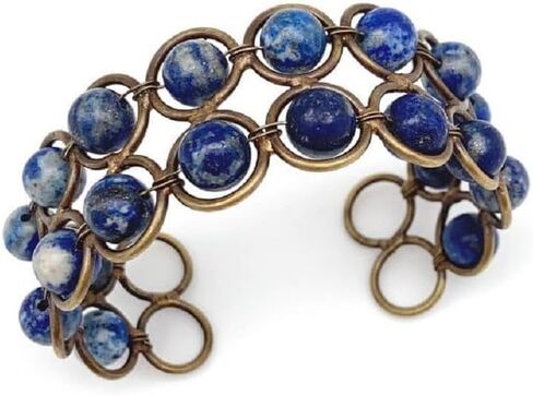 Wire-Wrapped Stone Cuff with Lapis Lazuli, Antique Brass, Genuine Stone Beads in Saudi Arabia