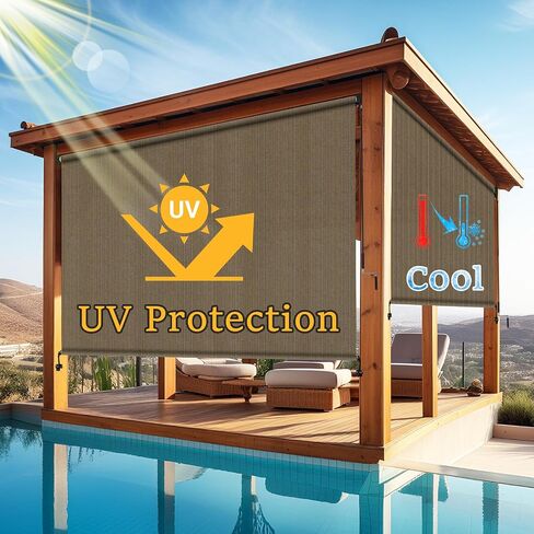 144''W x 120''H Sun Shades Outdoor Patio, Cooling Outdoor Roller Shades Blinds with Splicing Design, UV Protection Sunshade Fabric Cloth for Porches, Patios, Pergolas, Walnut in Saudi Arabia