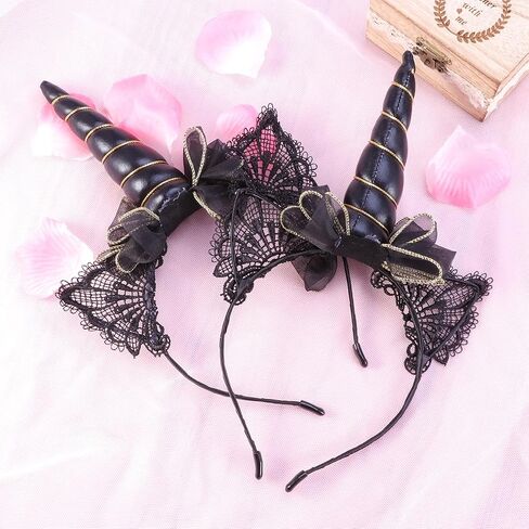 Lurrose 2pcs Black Unicorn Headband Lace Cat Ear Headband with Bow Party Headdress for Women in Kuwait