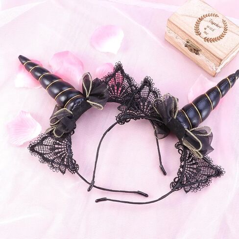 Lurrose 2pcs Black Unicorn Headband Lace Cat Ear Headband with Bow Party Headdress for Women in Kuwait