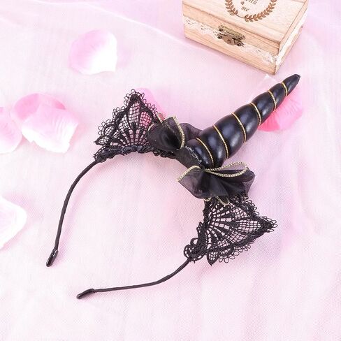Lurrose 2pcs Black Unicorn Headband Lace Cat Ear Headband with Bow Party Headdress for Women in Kuwait