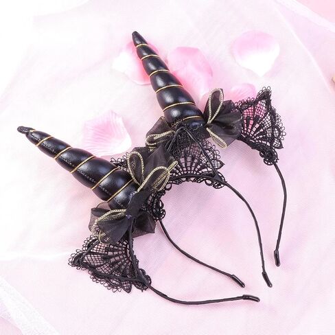 Lurrose 2pcs Black Unicorn Headband Lace Cat Ear Headband with Bow Party Headdress for Women in Kuwait