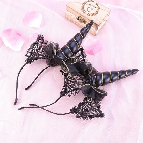 Lurrose 2pcs Black Unicorn Headband Lace Cat Ear Headband with Bow Party Headdress for Women in Kuwait