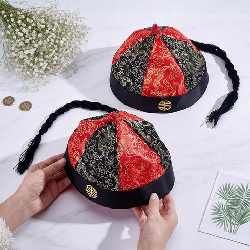 Adult Chinese Royal Hat Chinese Qing Dynasty Emperor Hats Vintage Royal Cosplay Hat with Braid Ponytail in Kuwait