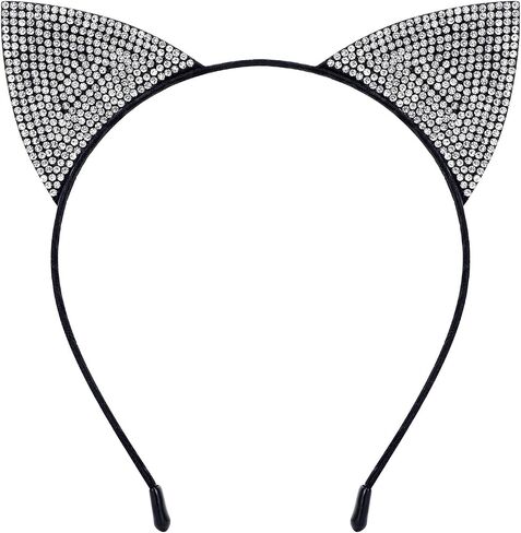 NESTRE Rhinestone Cat Ears,Furry Sparkly Cat Ears Headbands for Women,Rhinestone Ears Halloween Costume Leopard Cosplay Hair Accessories (silver) in Saudi Arabia