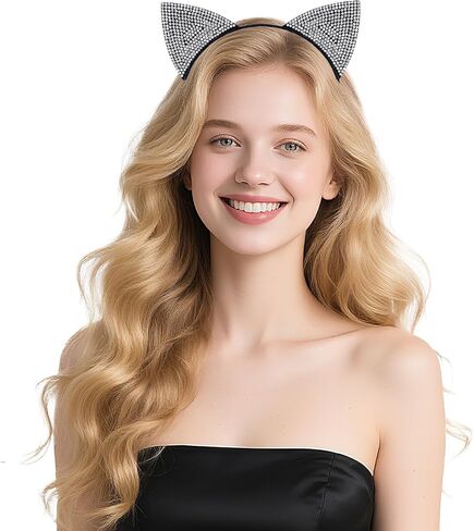 NESTRE Rhinestone Cat Ears,Furry Sparkly Cat Ears Headbands for Women,Rhinestone Ears Halloween Costume Leopard Cosplay Hair Accessories (silver) in Saudi Arabia