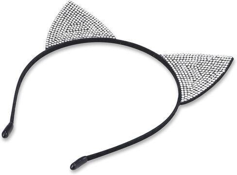 NESTRE Rhinestone Cat Ears,Furry Sparkly Cat Ears Headbands for Women,Rhinestone Ears Halloween Costume Leopard Cosplay Hair Accessories (silver) in Saudi Arabia