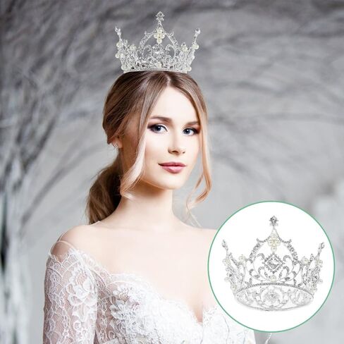 Lurrose الأميرة تاج مستدير نمط الباروك فاخر مربع حجر الراين الزفاف تيارا أغطية الرأس للعروس النساء حفلة إكسسوارات الشعر 5X5X3 بوصة in Kuwait