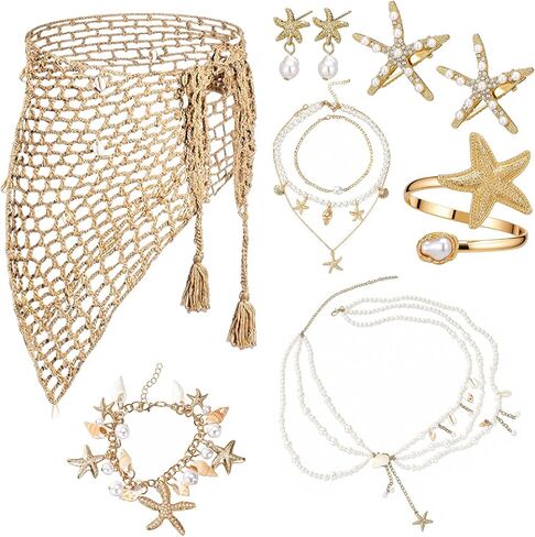 Halfchet 8 Pcs Mermaid Costume Accessories Set for Women Mermaid Outfit Aldult Cover up Skirt Starfish Pearl Shell Jewelry Kit Waist Chain Necklace Bracelet Cuff Earrings Hair Clips for Beach Vacation in Kuwait