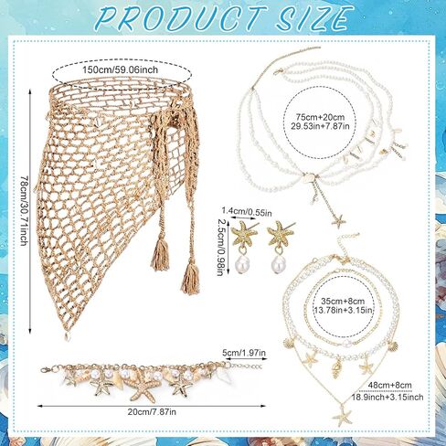 Halfchet 8 Pcs Mermaid Costume Accessories Set for Women Mermaid Outfit Aldult Cover up Skirt Starfish Pearl Shell Jewelry Kit Waist Chain Necklace Bracelet Cuff Earrings Hair Clips for Beach Vacation in Kuwait