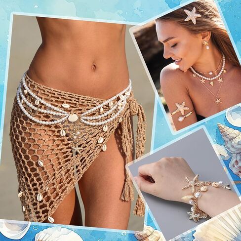 Halfchet 8 Pcs Mermaid Costume Accessories Set for Women Mermaid Outfit Aldult Cover up Skirt Starfish Pearl Shell Jewelry Kit Waist Chain Necklace Bracelet Cuff Earrings Hair Clips for Beach Vacation in Kuwait