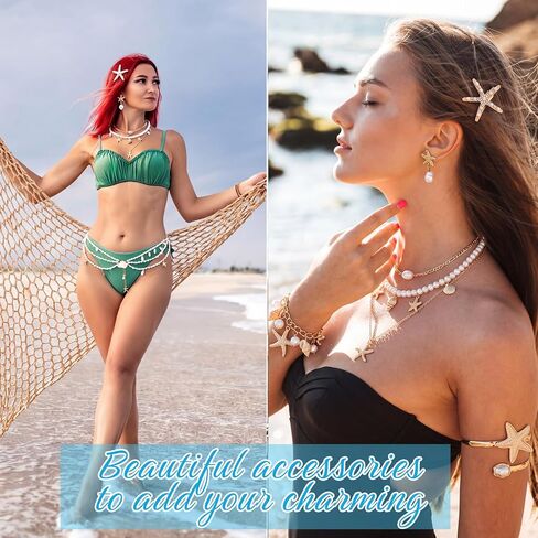 Halfchet 8 Pcs Mermaid Costume Accessories Set for Women Mermaid Outfit Aldult Cover up Skirt Starfish Pearl Shell Jewelry Kit Waist Chain Necklace Bracelet Cuff Earrings Hair Clips for Beach Vacation in Kuwait