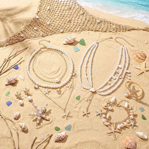 Halfchet 8 Pcs Mermaid Costume Accessories Set for Women Mermaid Outfit Aldult Cover up Skirt Starfish Pearl Shell Jewelry Kit Waist Chain Necklace Bracelet Cuff Earrings Hair Clips for Beach Vacation in Kuwait