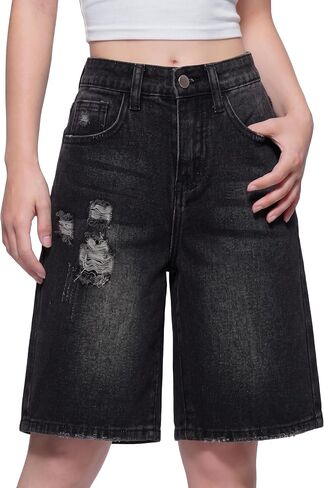 PATPAT Girls Jean Shorts 5-14Y Ripped Bermuda Jorts Y2K Baggy Straight Leg Denim Shorts with Elastic Waistband in Saudi Arabia
